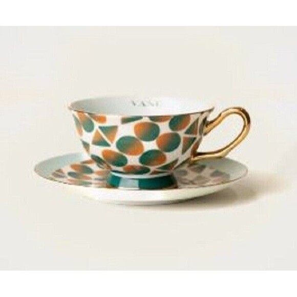 Vine Monogram Retro Modern Tea Set Designer Teacup Saucer Bone China NIB - Picture 4 of 13